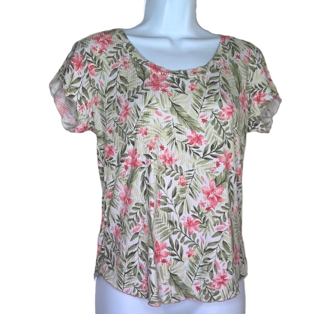 Laura Ashley Floral Top Tee Ribbed Short Sleeve Flutter Scoop Neck Pink Green S